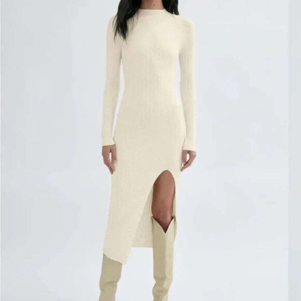 WILFRED FREE Women Alchemy Tight Ribbed Knit Slit Midi Dress Sz M Ivory 55-15
